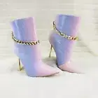 Roxy Pink Lilac Pointy Toe Slim Stiletto Heel Sexy Ankle Boots Gold Tone Chain