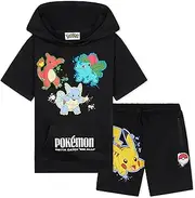 [Pokémon] Sweatshirt and Sweatpants Track Suit for Boys Teenagers 2 Piece Short Set Boys Hoodie Pikachu Kids Clothes Summer Set