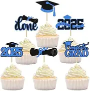 24 Pcs Graduation Cupcake Toppers 2025 Blue Glitter Grad Cupcake Toppers for Graduation Decoration, Class of 2025 Graduation Cap Cupcake Toppers Supplies