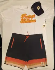 RARE Promo Items UNITED BY BLUE T-Shirt, Board Shorts & Hat CORONA x UBB Beer