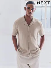 Neutral Marl Regular Fit Cotton Rich Short Sleeve Knitted Shirt with Cuban Collar (E30373) | $47