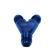 Aeroflow Brand Y-Block Inlet/Outlets 1 x -8 2 x -6 AN Blue Finish