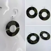 Half Cut Camouflage Color Drop Dangle Circle Silver Finish Fish Hook Earrings