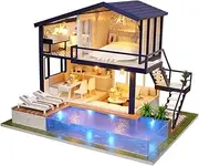 UniHobby DIY Miniature Dollhouse Kit Time Apartment DIY Dollhouse Kit with Wooden Furniture Light Gift House Toy