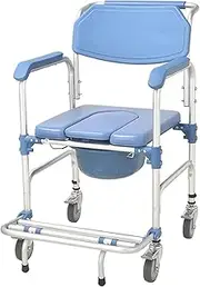 Commode Chair On Wheels, Bedside Commode Portable Wheelchair Shower Transport Chair with Footrest Mobile Toilet for Elderly Seniors, Disabled, Handicapped