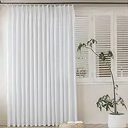 MAIHER Extra Wide Semi Sheer Pinch Pleated Curtains 1 Panel, Faux Linen Pinch Pleated Drapes Light Filtering with Hooks 108 Inches Long for Living Room, Beige White, 72" W x 108" L