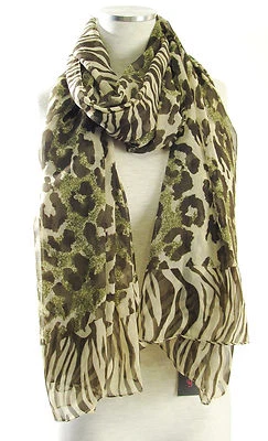 ECHO DESIGN Green/Brown Chiffon Zebra Leopard Print Wrap Scarf NEW