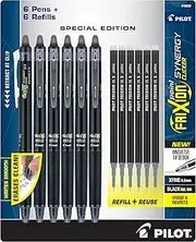 PILOT Frixion Synergy Clicker Erasable Pens, Retractable and Refillable, 0.5mm Extra Fine Point, 6 Pack of Black Ink Pens + 6 Refills