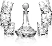 Home Bar Crystal Glass Whiskey Decanter Set, 1300ml Decanter with 6 Glasses, 330ml Each, Diamond Cut Pattern