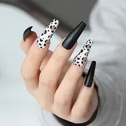 KAVI' S 24PCS Long Coffin Stick on Nails, Matte Leopard Print Press on Nails, Ballerina Acrylic French Tip Fake Nails with Jelly Adhesive Tabs for Women and Girls Nail Art