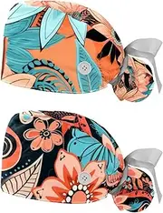 [YTYVAGT] 2-Pc,Nurse Scrub Caps,Scrub Hats with Buttons and Cotton Sweatband,Colorful Floral Art Flower Pattern