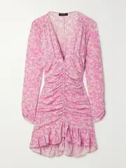[Isabel Marant] Isabel Marant - Lara Ruched Printed Stretch-silk Mini Dress - Pink - FR 36 FR 36 Pink