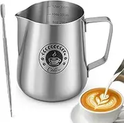 Milk Frothing Jug 12oz – Stainless Steel Coffee Milk Pitcher with Measurement Markings & Latte Art Pen for Cappuccino, Latte, Espresso, Barista Use