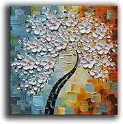 Muzagroo Art White Flowers Oil Painting on Canvas Pure Handmade with Raised Texture on Canvas Wall Art for Living Room Contemporary Art Tree of Life Wall Décor