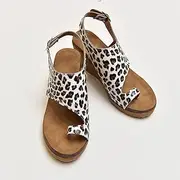 [XWCG] Leather Slipper Summer Comfortable Vintage Casual Beach Open Toe Slip on Mules Wedge Sandals Bunion Corrector Toe Platform Shoes Buckle Ankle Strap Leather Flip Flops,Leopard,US11/EU43