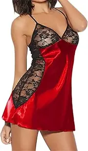 [Generic] Women Lingerie V Neck Nightwear Satin Sleepwear Lace Mini Teddy Chemise Satin Nightwear Lace Chemise Sexy Nightgown
