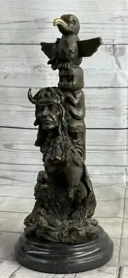 Vintage Solid Bronze Indian Symbol Sun With Feather Bird Sculpture Marble Statue