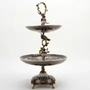 CHINESE ORIENTAL BROWN WILLOW PORCELAIN ORMOLU 3 TIER STAND CAKE SERVER W/ BIRDS