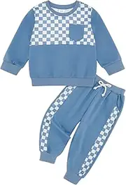 [Naiyafly] Toddler Baby Fall Winter Clothes Boy Girl Long Sleeve Plaid Sweatshirts Pullover Top Elastic Tracksuit with 2 Pockets Kids 2-Piece Casual Outfit 1-5 Years