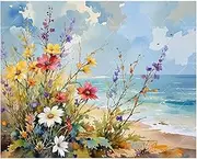 Under the Sky Paint by Numbers Kit for Adults - DIY Coastal Wildflowers and Ocean View Painting on Canvas 16x20 Inches, Acrylic Paint Set,Suitable for Beginners,Art for Home Decoration/Gifts