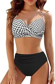 [Generic] Women High Waisted Bikini Sets Two Piece Swimsuit Push Up Twist Front Ruched Bathing Suit Solid Swimwear, Black-a, Medium