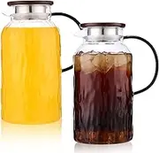 2 Pack 68 oz Glass Pitcher with Lid and Handle,Vintage Glass Water Pitcher for Fridge,Lemonade, Sun Iced Tea Pitche,Coffee Carafe Beverage Serveware.Juice Jugs for Hot/Cold Drinks and Milk-Wood Lid