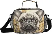 Insulated Lunch Box Pugdog Floral Cute for Women Men - Ideal for Work, Picnics - Includes Adjustable Shoulder Strap