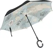 Double Layer Inverted Umbrella Cars Reverse Umbrella Vintage World Map Ship Windproof UV Proof Travel Outdoor Umbrella