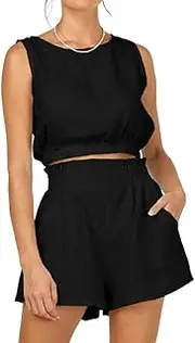 [MaYNuo] Ladies summer leisure suit, top and shorts, ladies plain sleeveless short top leisure suit with high waist