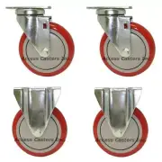 5P20PRG-SET 5" Caster Wheel, Set of 4,Red Polyurethane Tread, 2 rigid 2 swivel