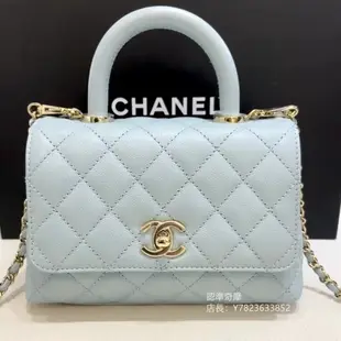 二手正品 CHANEL 香奈兒 MINI COCO HANDLE 藍色荔枝牛皮 手把金鍊 手提包 斜背包 兩用包 口蓋包