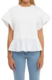 English Factory Mixed Media Flutter Sleeve Peplum Cotton Top