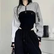 Two Tone Panel Crop Zip-Up Top Jacket - Gray - XL