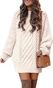 [Lady Rabbit] Women's Crewneck Long Sleeve Cable Knit Sweater Dress Slouchy Oversized Chunky Pullover Dresses