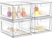 4 Pack Stackable Plastic Makeup Organizer Drawers, Acrylic Organizers, Clear