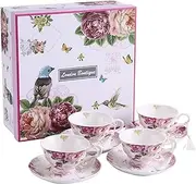 [London Boutique] Coffee Tea Cup and Saucer Set 4 Shabby Chic Vintage Porcelain Bird Butterfly Flora Gift Box 7.5OZ (Bird Rose Butterfly)