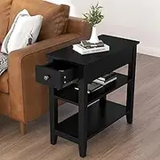 ChooChoo Side Table Living Room, Narrow End Table with Drawer and Shelf, 3-Tier Sofa End Table for Small Space, Black, ET20001-BK-NEW