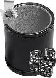 Set of 16mm Transparent Glitter Squared Corners Dice and Black PU Leather Dice Cup Plush Velvet Lined - Gift Boxed (Black Glitter, Grey Lining Cup)