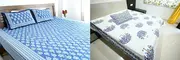 100% Pure Cotton Traditional Jaipuri Printed Bedsheet (Jaipur Indigo Symphony) and Cobalt Comfort Double Bed King Size Cotton Bedsheet | Dark Blue on White Base