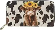 [INSTANTARTS] Marijuana Leaf Print Women Leather Wallet Clutch Long Purse Zipper, Brown Cow Stripe Baby Highland Cow