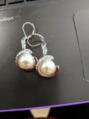 Earrings Dangle Pearl Shell 8mm Silver Twist White Topaz Stones Embedd