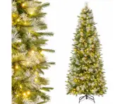 Costway 190CM Flocked Christmas Tree Hinged Artificial Xmas Tree w/Pine Needles & 580 PE PVC Branch Tips