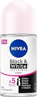 NIVEA Black & White Invisible Clear Anti-Perspirant Roll-On Deodorant 50ml | Anti-Stain Deodorant for Women | Long-Lasting Freshness | 72-Hour Protection from Sweat & Body Odour