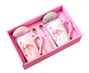 C68 2PCS Flamingo Couple Set Cup with Spoon Good Morning Handsome Beautiful Coffee Mug for His and Hers Valentines Day Gift
