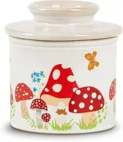 Mushroom Butter Crock for Counter with Water Line French Butter Holder Ceramic Butter Keeper Butterfly Mushroom Jungle Decor Anti-Slip Design