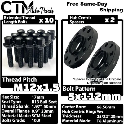 2x 20mm Thick 5x112 66.56mm CB Wheel Spacer 12x1.5 Black Bolt Fit Mercedes Wheel