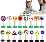 Furtryvl Road Traffic Signs Toys - 16X Street Traffic Signs Play Toy,Early Learning Game, Crosswalk Signal Blocks, Wooden Stop Safety Game for Education