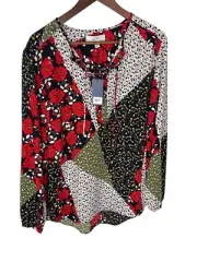 NWT NEW Libby Edelman Blouse Lace Up Neckline Patchwork Peasant Top Sz XL