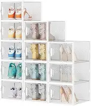 Shoe Boxes Stackable, Large 12 Pack Shoe Storage Box Clear White Plastic Organizers, Space Saving Foldable Shoe Rack for Closet, Sneakers