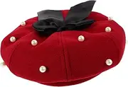 [LIFKOME] Berets Sweet French Pearl Beaded Beret Cap Hat Knitted Beanie Hat with Bowknot for Girls Artist Painter Hats